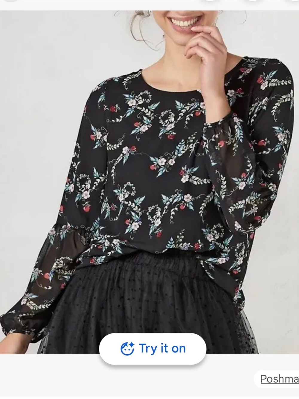 Lauren Conrad Disney Snow White Collection Black Floral Apple Puff Peasant Top